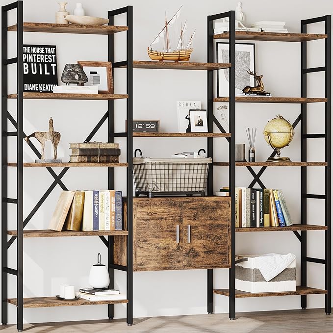 70 x70" Triple 5 Tier Book Shelf, Industrial Large Bookcase with Storage Cabinet, Tall Bookshelf with 14 Open Display Shelves Metal Frame Furniture for Living Room Bedroom Home Office Rustic Brown-Ruum Studio Home