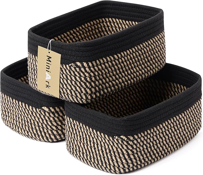 Small Storage Baskets for Organizing | Closet Organizer Bins | Shelf Toy Basket | Woven Rope Baskets | Cube Decorative Box | Shallow Basket | 11.5x7.5x4.7” | 3 Packs Black Brown-Ruum Studio Home