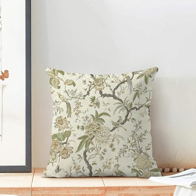 CXMEIFLY Spring Floral Birds Pillow Covers 18 x 18 Inch Set of 2 for Chinoiserie Flowers Decor Throw Pillows Sage Green Plant Outdoor Decorative Cushion Cases for Couch Bed Decorations-Ruum Studio Home