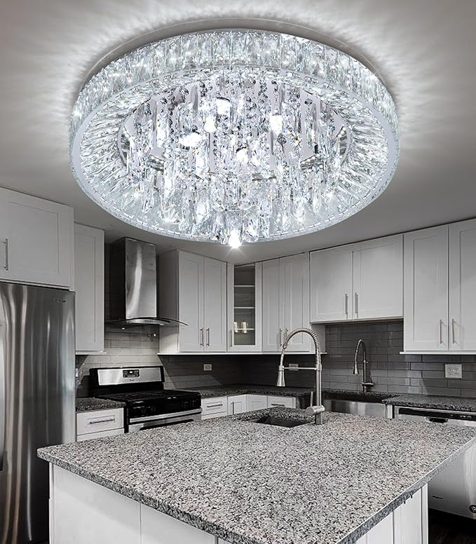 23.6'' Modern Crystal Chandeliers LED Dimmable Flush Mount Ceiling Chandeliers for Living Room Entrance Foyer Bedroom Silver-Ruum Studio Home