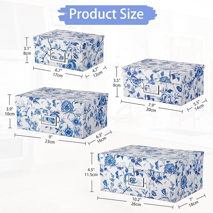 Briful Decorative Photo Storage Boxes with Lids, Set of 4 – Blue and White Porcelain Pattern, Nested Card Storage Box Organizer, Decorative Paperboard Box for Closet, Office, Gifts-Ruum Studio Home