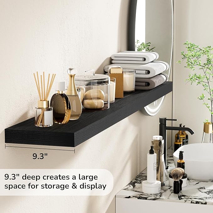Fun Memories 55 Inch Floating Shelves - 9 Inch Deep Rustic Wooden Wall Shelves - Extra Deeper & Thicker Wall Mounted Storage Shelf for Living Room Kitchen Farmhouse - Rustic Black-Ruum Studio Home