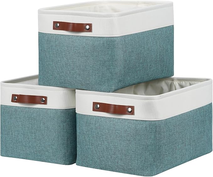 DULLEMELO Storage Baskets for Organizing,Rectangular Fabric Storage Bins with Handles for Office,Bedroom(3-Pack -15 inch X 11 inch X 9.5 inch, White&Dark Green)-Ruum Studio Home