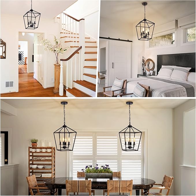4 Light Chandelier, Industrial Ceiling Light Black Lantern Light Fixtures with Farmhouse Metal Cage Adjustable Height Rustic Geometric Hanging Light E12 Base for Kitchen Island, Entryway, Indoor-Ruum Studio Home