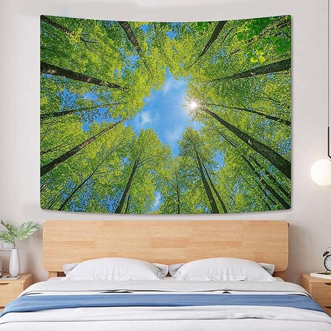 AMM Nature Forest Tree Celling Tapestry Lush Green Treetops Sunlit Tapestry for Bedroom Aesthetic Sky Sunlight Canopy Leaves Landscape Tapestries Wall Hanging for Living Room Dorm Office 60 x 44 Inch-Ruum Studio Home