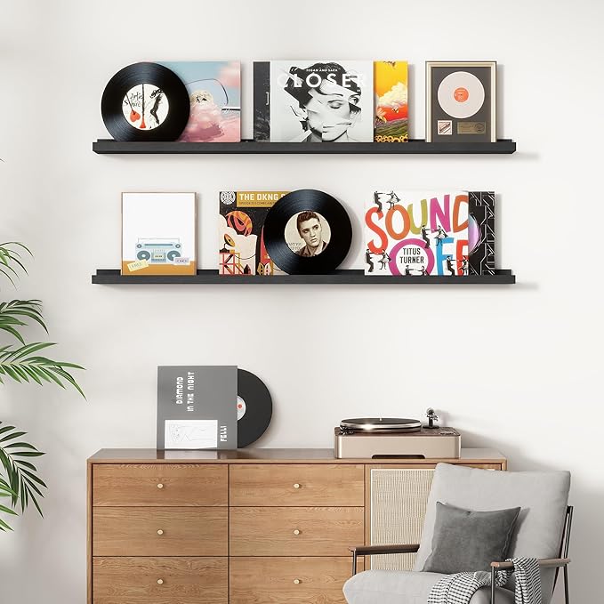 Picture Ledge Shelf, Floating Shelves Set of 2, Solid Pine Wood 55'' Long Large Nursery Book Shelves for Toys Storage, Kids Bookshelf for Living Room Bedroom Decor Books Photo Frames, Black-Ruum Studio Home