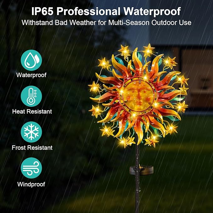Solar Wind Spinner Metal Sun Decor, Wind Sculptures & Spinners 60.3 in Garden Kinetic Art with Solar Powered Vine String Shining LED Lights for Outdoor Garden Lawn Yard-Ruum Studio Home