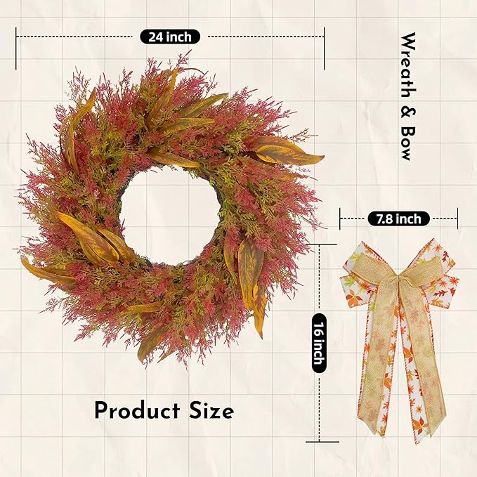 CYANBLOOM Front-Door Cedar Fall Wreaths: 24 Inch Large Wreath with Burlap Bow - Weatherproof Outdoor Porch Decor - Ideal Stress Relief Rustic Greenery for Autumn Holiday (Thanksgiving/Halloween 2025)-Ruum Studio Home