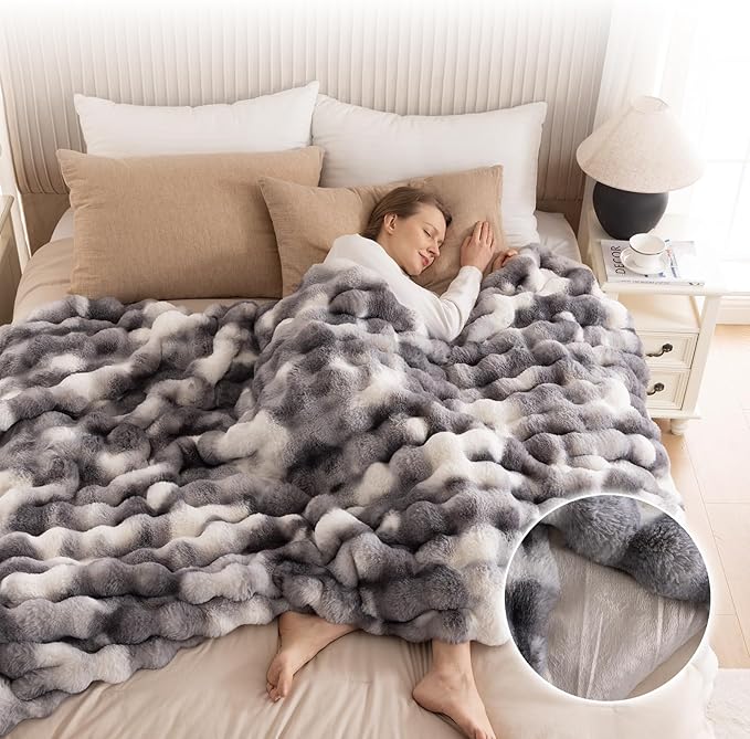 Cozy Faux Fur Throw Blanket for Bed-Warm Fuzzy Throw Blanket, Soft Plush Thick Bubble Blankets for Bedroom and Living Room, Furry Luxury Blanket, 90 x 108,Tie-Dye Grey-Ruum Studio Home