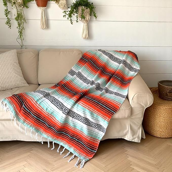 Traditional Handwoven Mexican Blanket, Large Falsa Serape - Soft & Durable - Vibrant Beach, Picnic, Yoga & Camping Mat - Lightweight Boho Throw 70"x50" (Sunset)-Ruum Studio Home