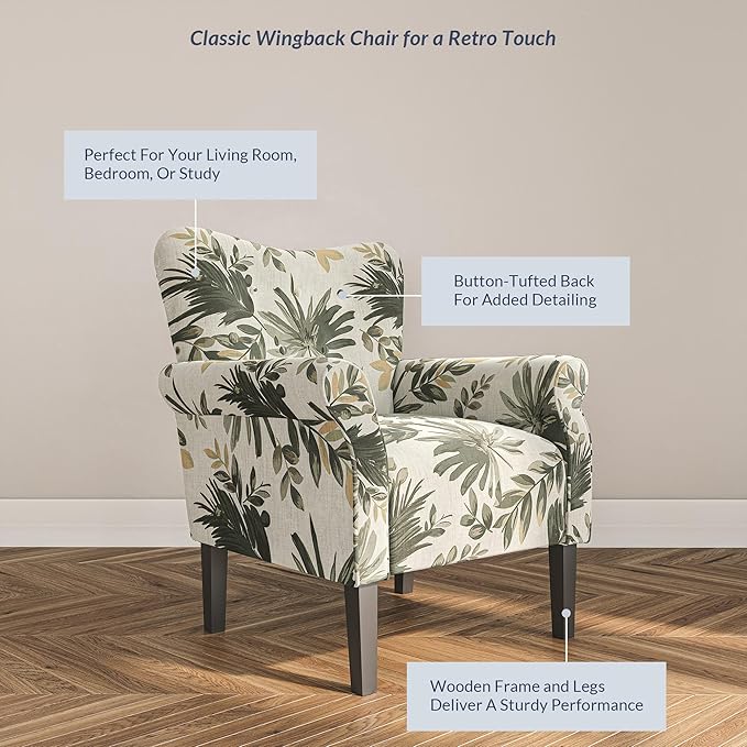 BELLEZE Modern Accent Chair for Living Room, High Back Floral Armchair with Wooden Legs, Upholstered Wingback Side Chair Padded Armrest Single Sofa for Living Room, Bedroom - Allston (Green Floral)-Ruum Studio Home