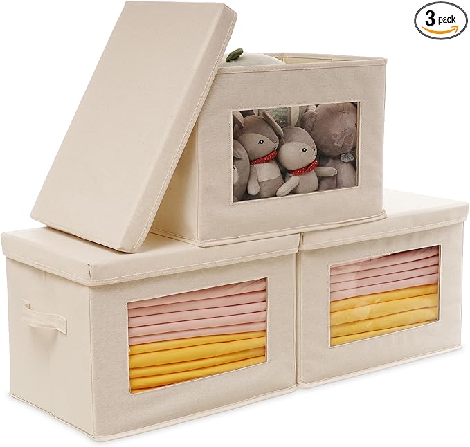 Citylife 3 Pack Storage Bins with Lids, Fabric Foldable Storage Bins with Soft Cord Handles, Canvas Storage Bin with Lid for Organizing Clothes, Blankets and Books, Beige-Ruum Studio Home