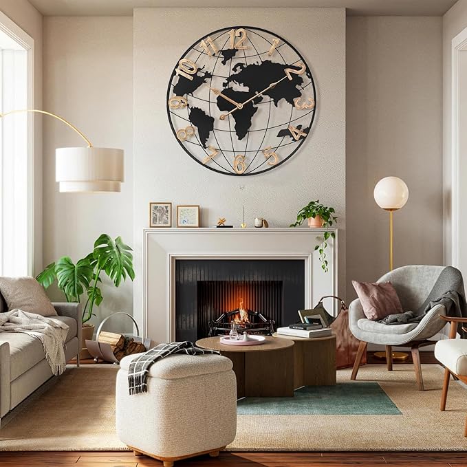 20 Inch Large Wall Clock for Living Room Decor,Big Modern Decorative Silent Metal World Map Wall Clock with Vintage Gold Arabic Numeral for Office,Living Room,Kitchen,Dining Room-Ruum Studio Home