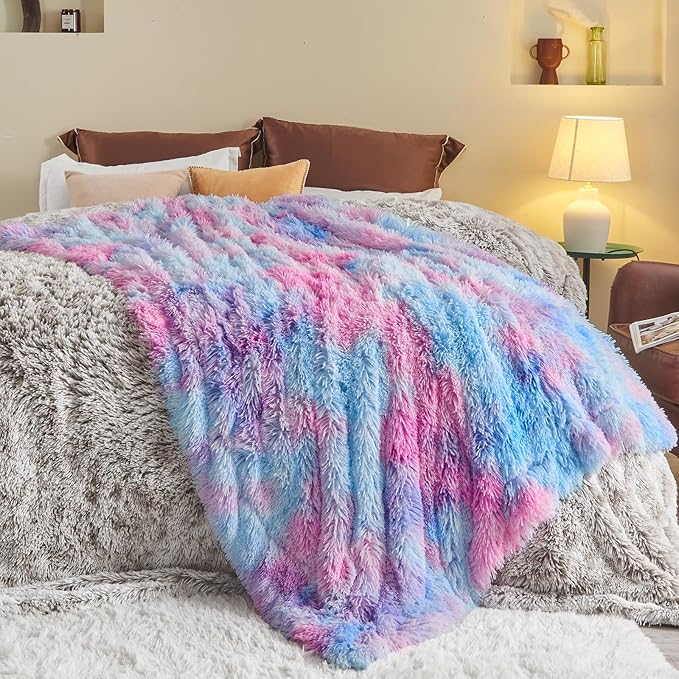GONAAP Fuzzy Faux Fur Throw Blanket Queen Size Purple Rainbow Super Soft Cozy Plush Fuzzy Shaggy Blanket for Couch Sofa Bed (Purple Rainbow, Queen(90"x90"))-Ruum Studio Home