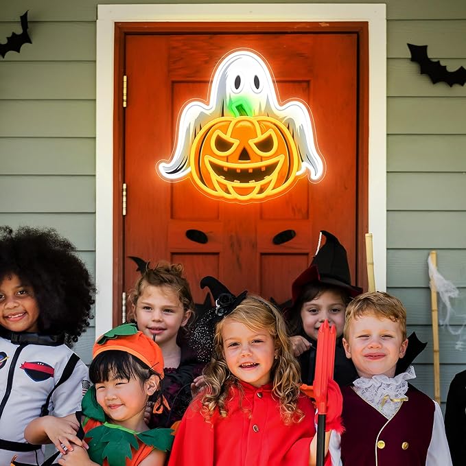 Spooky Glow Halloween Neon Signs for Wall Decor - Ghost & Pumpkin Led Neon Light Up Sign, Glow in Dark Indoor Decor for Porch Window Home Bar Party, Scary Halloween Decorations Gifts for Kids-Ruum Studio Home