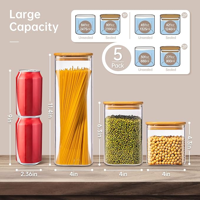 Multi Size - 5 Pack Square Glass Jars with Bamboo Lids, Glass Food Storage Containers with Airtight Lids for Kitchen, Air Tight Pantry Storage Containers for Cereal, Pasta, Rice, Sugar, Coffee, Spice-Ruum Studio Home