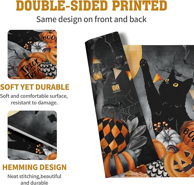 Black Cat Halloween Placemats Set of 4 Spooky Pumpkin Boo Bat Moon Horror Place Mats 12x18 Inch Seasonal Washable Linen Table Mat for Party Kitchen Dining Outdoor Indoor Decor-Ruum Studio Home