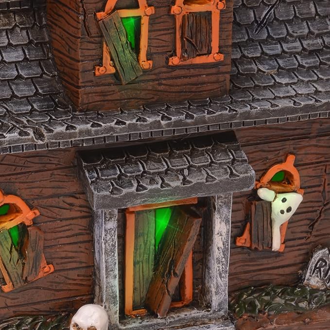 Mark Feldstein & Associates Spooky Halloween Color Changing Pre-Lit LED Haunted House Village Set, 8 Inch, Set of 3-Ruum Studio Home