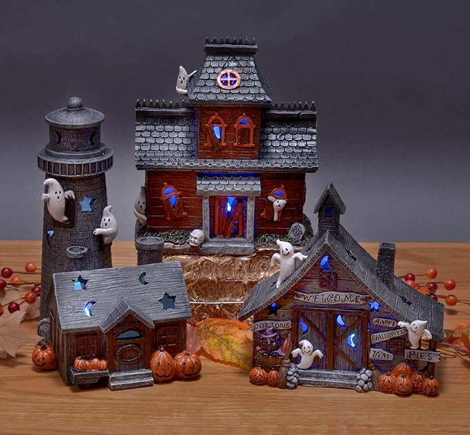 Mark Feldstein & Associates Spooky Halloween Color Changing Pre-Lit LED Haunted House Village Set, 8 Inch, Set of 3-Ruum Studio Home
