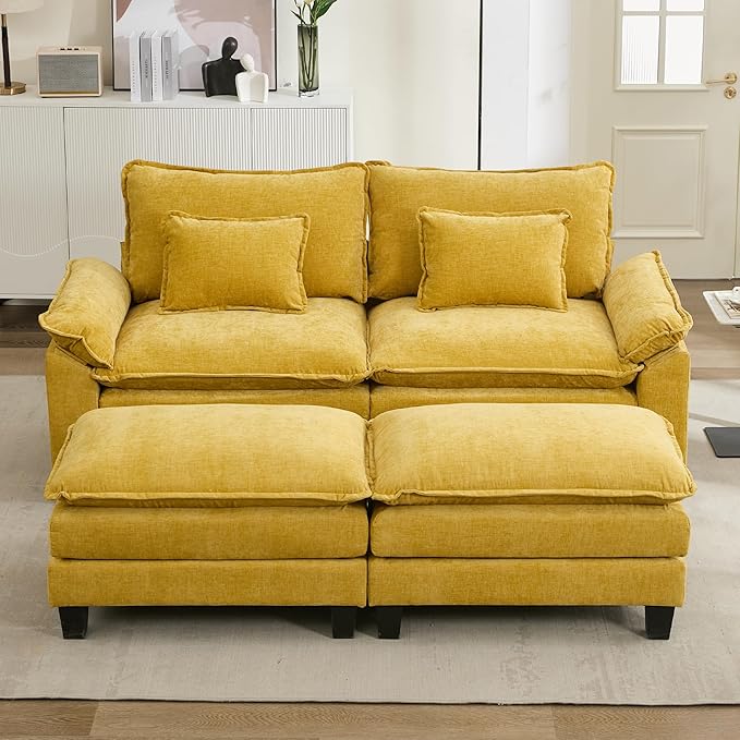 URRED Modular Sectional Sofa Comfy Cloud Couch, Modern Chenille Sofa Sleeper Deep Seat Couches with Ottoman/Pillows for Living Room (Yellow, 82.6''- 2 Ottomans)-Ruum Studio Home