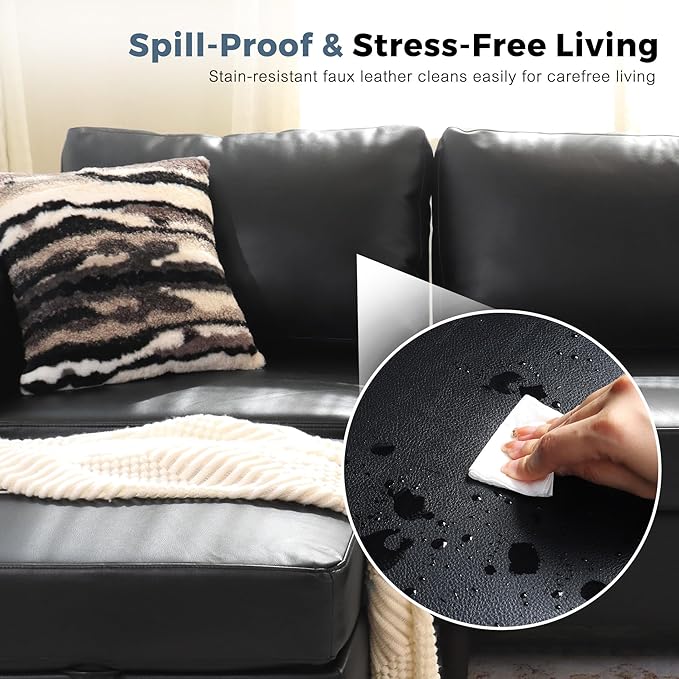 Faux Leather Single Sofa with Storage Ottoman, Modern Accent Chair Deep Seat Large Reading Armchair, Chaise Lounge Chair for Living Room Bedroom Office Black-Ruum Studio Home