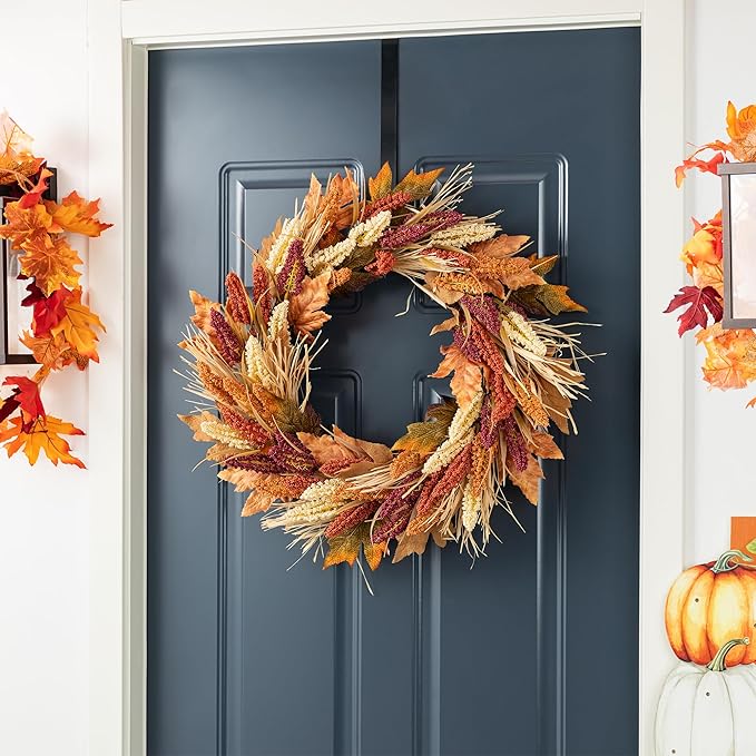 Glitzhome 24" D Fall Sorghum Wreath with Metal Hanger, Harvest Wreath for Front Door, Fall Door Wreaths for Indoor Outdoor Thanksgiving Harvest Holiday Decorations-Ruum Studio Home