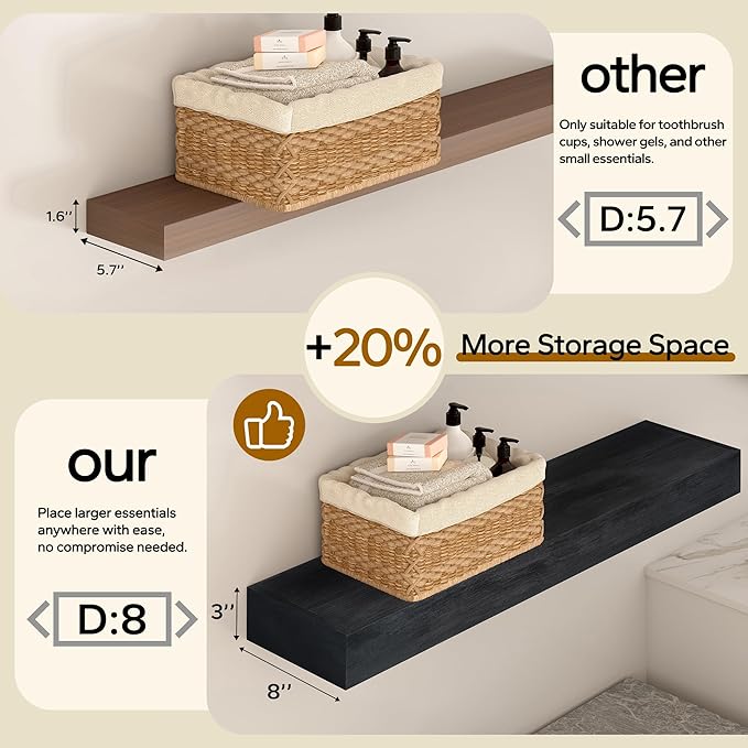 Floating Shelves 3 inch Thick for Wall Set of 2,Solid Pine Wood Wall Mount Shelf for Kitchen Living Room Bedroom Bathroom,8" D x 48" L x 3" H-Black-Ruum Studio Home