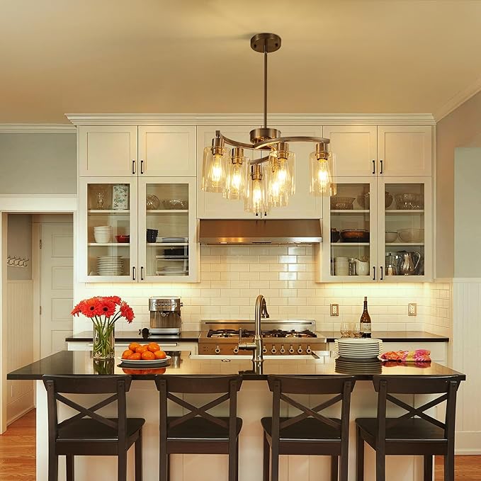 6 Light Modern Brushed Nickel Pendant Light Fixture For Dining Room，Contemporary Kitchen Light Fixtures Brushed Nickel，Adjustable Height Farmhouse Dining Chandeliers Over Table，With Glass Shade-Ruum Studio Home