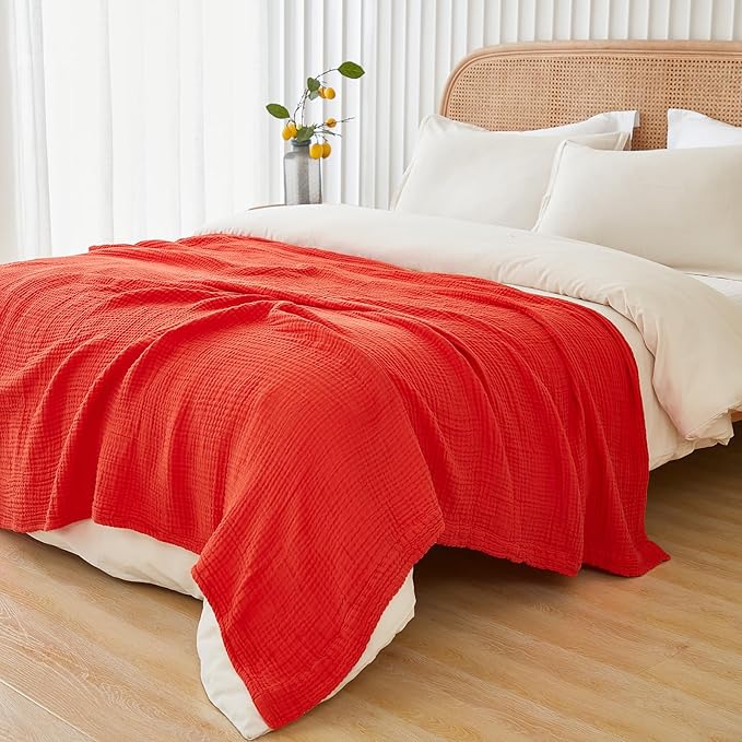 EMME Cotton Throw Blanket for Couch Soft Muslin Blankets 50"x60" Lightweight Breathable Blanket All Season Gauze Blanket, Orange Rust-Ruum Studio Home