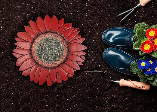 NAT & Jules Sunflower Shaped Dimensional Indoor Outdoor 12 inch Cast Resin Decorative Garden Stepping Stone, Patio, Walkway Sculpture Yard Art, Red-Ruum Studio Home