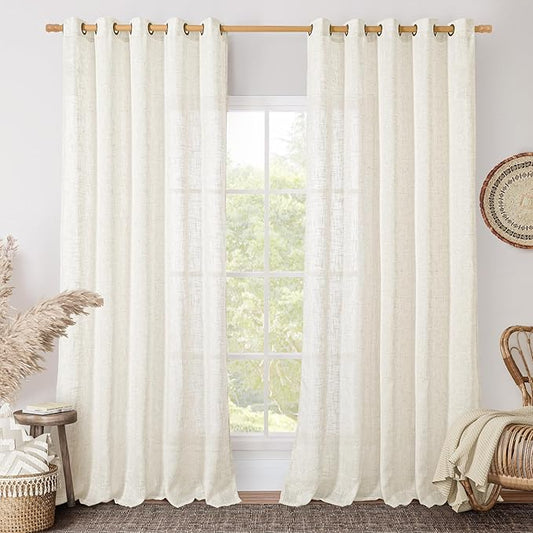 LAMIT Light Filtering Sheer Linen Curtains 84 inches Long, Linen Textured Semi Sheer Bronze Grommet Natural Boho Drapes for Living Room/Farmhouse/Bedroom, 2 Panels, Cream, 60 x 84 Inch-Ruum Studio Home