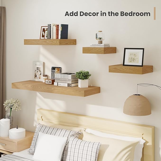 Heimlove 12 Inch Deep Floating Shelves, 12 x 12 inches Long Wall Shelf, Large Extra Display Shelf & Storage Shelf, Rustic Wood Wall Shelves for Fireplace Mantel, Oak - 2Pack-Ruum Studio Home