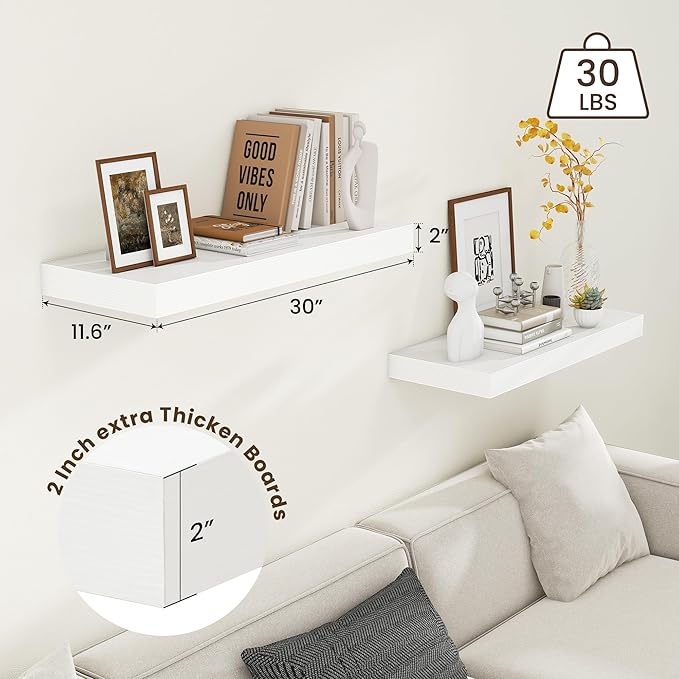 Deep Floating Shelves | 30 Inch Floating Shelves for Wall Set of 2 | 12 Inch Deep White Shelves for Living Room Bathroom Laundry Room Bedroom Kitchen Home Office - White-Ruum Studio Home