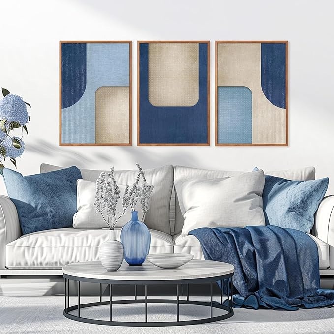KAIRNE Blue Modern Abstract Canvas Wall Art,Neutral Prints Set of 3(16”X24”),Simple Design Wall Decor,Boho Minimalist Paintings,Blue and White Geometry Pictures for Living Room Bedroom Office Decor-Ruum Studio Home