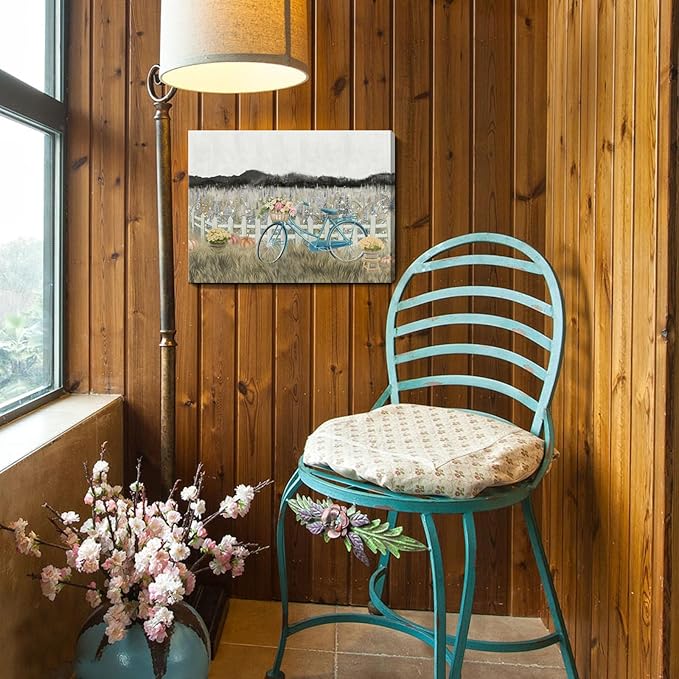 Farmhouse Decor Bathroom Fall Wall Art Vintage Boho Landscape Nature Canvas Picture Mountains, Bicycle Lavender Flowers Floral Neutral Small Artwork for Modern Organnic Country Rustic Cottagecore Bedroom-Ruum Studio Home