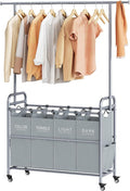 Tajsoon Laundry Sorter with Hanging Bar, 4 Section Rolling Laundry Hamper with Heavy Duty Lockable Wheels, Laundry Sorter Cart for Bathroom & Bedroom, Gray-Ruum Studio Home