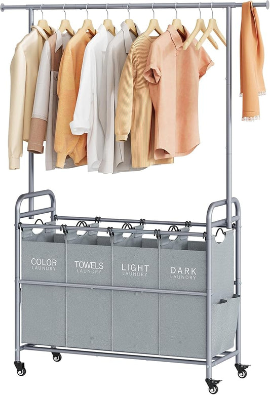 Tajsoon Laundry Sorter with Hanging Bar, 4 Section Rolling Laundry Hamper with Heavy Duty Lockable Wheels, Laundry Sorter Cart for Bathroom & Bedroom, Gray-Ruum Studio Home