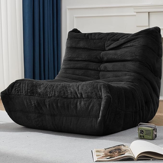 Bean Bag Chairs for Adults Giant Bean Bag Chair Memory Foam BeanBag Chair Big Bean Bag Sofa with Filler Faux Fur Fireside Beanbags Lazy Sofa for Living Room Bedroom Dorm Office (Black Plush)-Ruum Studio Home