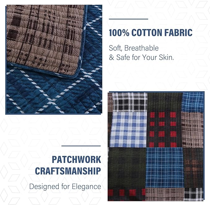 NEWLAKE Quilt Set Queen Size, Cotton Patchwork Blue Black Checkered Patterns Quilt Sets, Reversible Bedspread Lightweight and Breathable for All Seasons, Soft Quilted Bedspread with 2 Pillow Shams-Ruum Studio Home