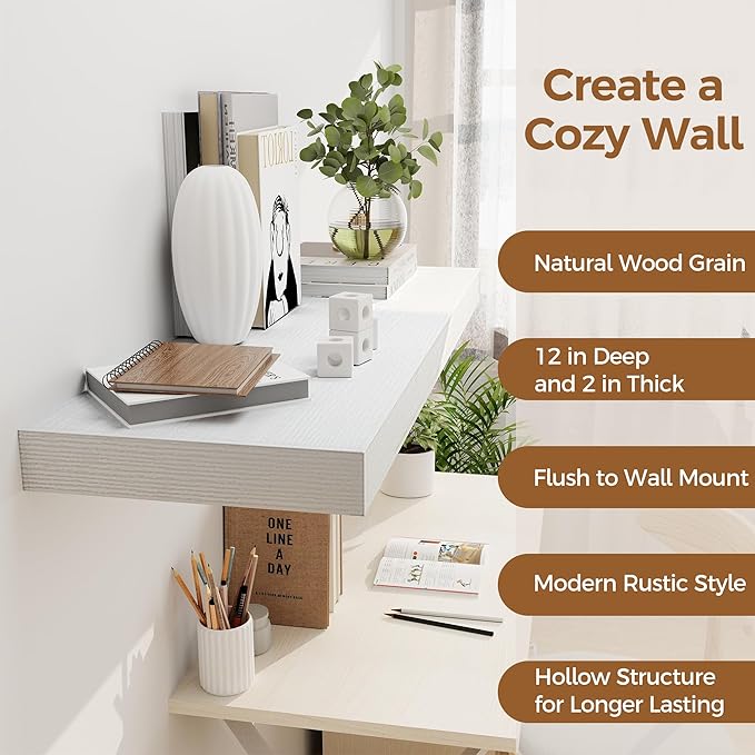 White Floating Shelves 36 Inch Long, 12 Inch Deep Floating Shelves for Wall, 36 x 12 Shelves for Wall Storage & Display, 2" Thick Floating Shelf for Bathroom, Living Room, Bedroom, Set of 1-Ruum Studio Home