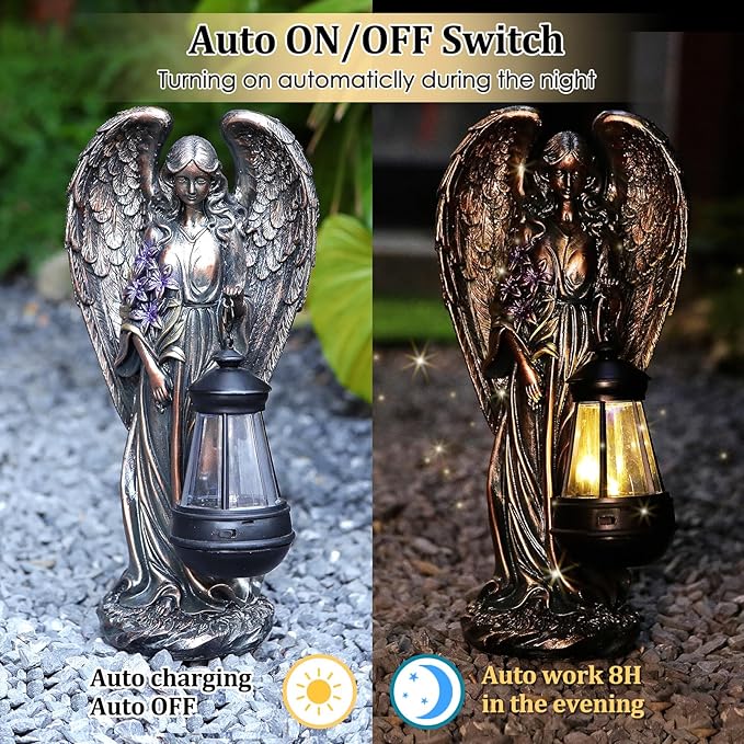 Solar Angel Outdoor Garden Decor Statues – 13.2 inches Solar Outdoor Sculptures for Outside Yard Art Patio Balcony Front Lawn Ornaments Gifts for Mom Grandma Women（Bronze）-Ruum Studio Home