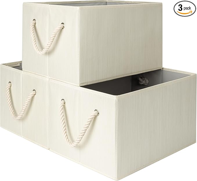 StorageWorks Storage Baskets for Shelves, Foldable Fabric Closet Storage Bins with Handles, Fabric Storage Bins Clothes Organizer, Beige, White & Ivory, 3-Pack, Extra Large-Ruum Studio Home