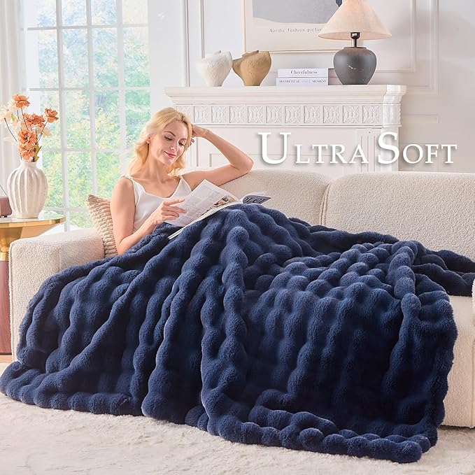 BENVWE Fluffy Faux Fur Throw Blanket for Couch, Soft Plush Thick Cozy Fuzzy Luxury Minky Bubble Blanket for Home Living Room Decor Gift for Women, Navy Blue, 51" x 63", 1100GSM-Ruum Studio Home