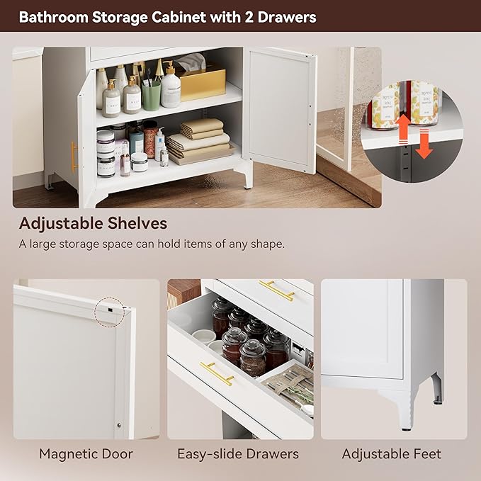 75” Tall Kitchen Pantry Storage Cabinet, Metal Bathroom Storage Cabinet with 2 Drawers and Adjustable Shelves, Kitchen Pantry Cupboard, Freestanding Cupboard for Bathroom, Living Room (White)-Ruum Studio Home