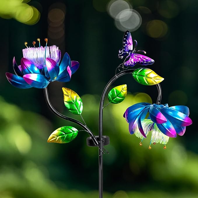 50'' Solar Powered Kinetic Wind Spinner Sculpture Blue Lotus Metal Stake Spinner for Patio, Lawn and Garden Decor Weather Resistant Outdoor Art with Dual Lotus with Butterfly Design-Ruum Studio Home
