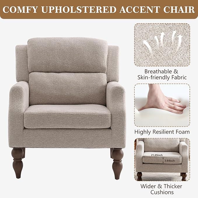 Kidol & Shellder Oatmeal Oversized Accent Chair for Living Room Set of 2 Modern Reading Chair with Back Wide Upholstered Comfy Single Sofa Chair Bedroom Lounge Side Corner Boucle Fabric Armchair-Ruum Studio Home