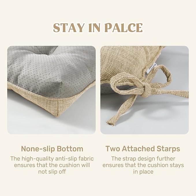 puredown® Chair Cushions for Dining Chairs, Tufted Memory Foam Chair Pads with Non-Slip Backing, Kitchen Seat Cushions with Ties, Washable Seat Pad Set of 4, 15.5" x 15.5" x 4", Khaki-Ruum Studio Home