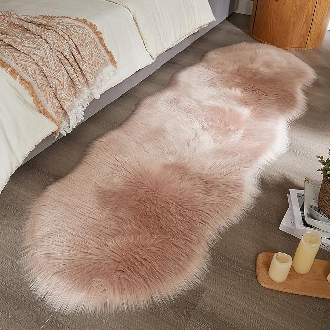 AMTOVO Faux Sheepskin Rug, Pink Ultra Soft Fluffy Shag Area Rug, 2 x 6 ft Faux Fur Rug for Bedroom Sofa Throw Cushion Room Decor, Sheepskin-Ruum Studio Home