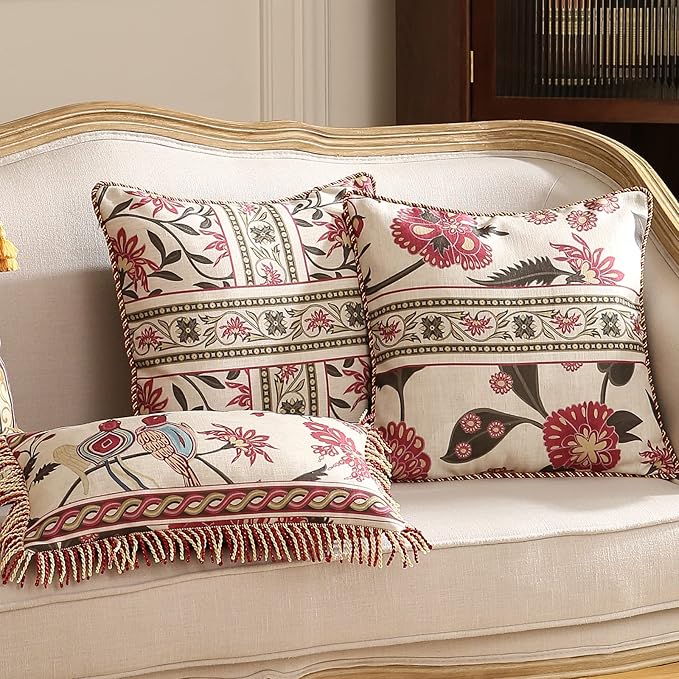 patdrea Designer Throw Pillow Covers Set of 4,Vintage Red Linen Pillowcases with Flower and Birds Pattern Pillows Cover for Couch,Farmhouse Decorative Cushion for Bed Living Room Outdoor Car-Ruum Studio Home
