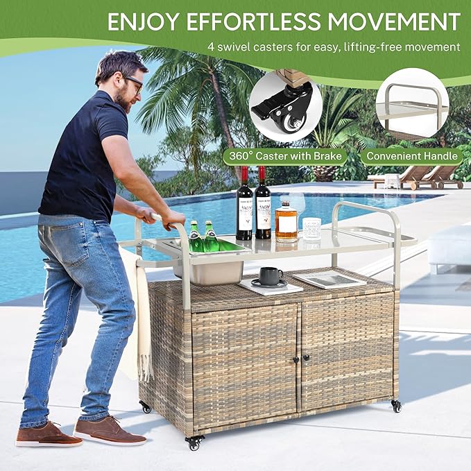 Wicker Outdoor Bar Cart with Ice Bucket, Patio Bar Table with 2 Ratten Doors Cabinet and Casters for Grill, Kitchen and Garden,Beige-Ruum Studio Home